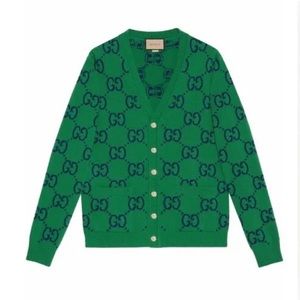 Gucci GG Intarsia Knit Cardigan Green/Navy Reg $1600